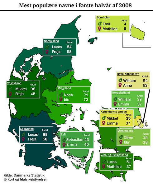 De mest populære navne i landsdelene