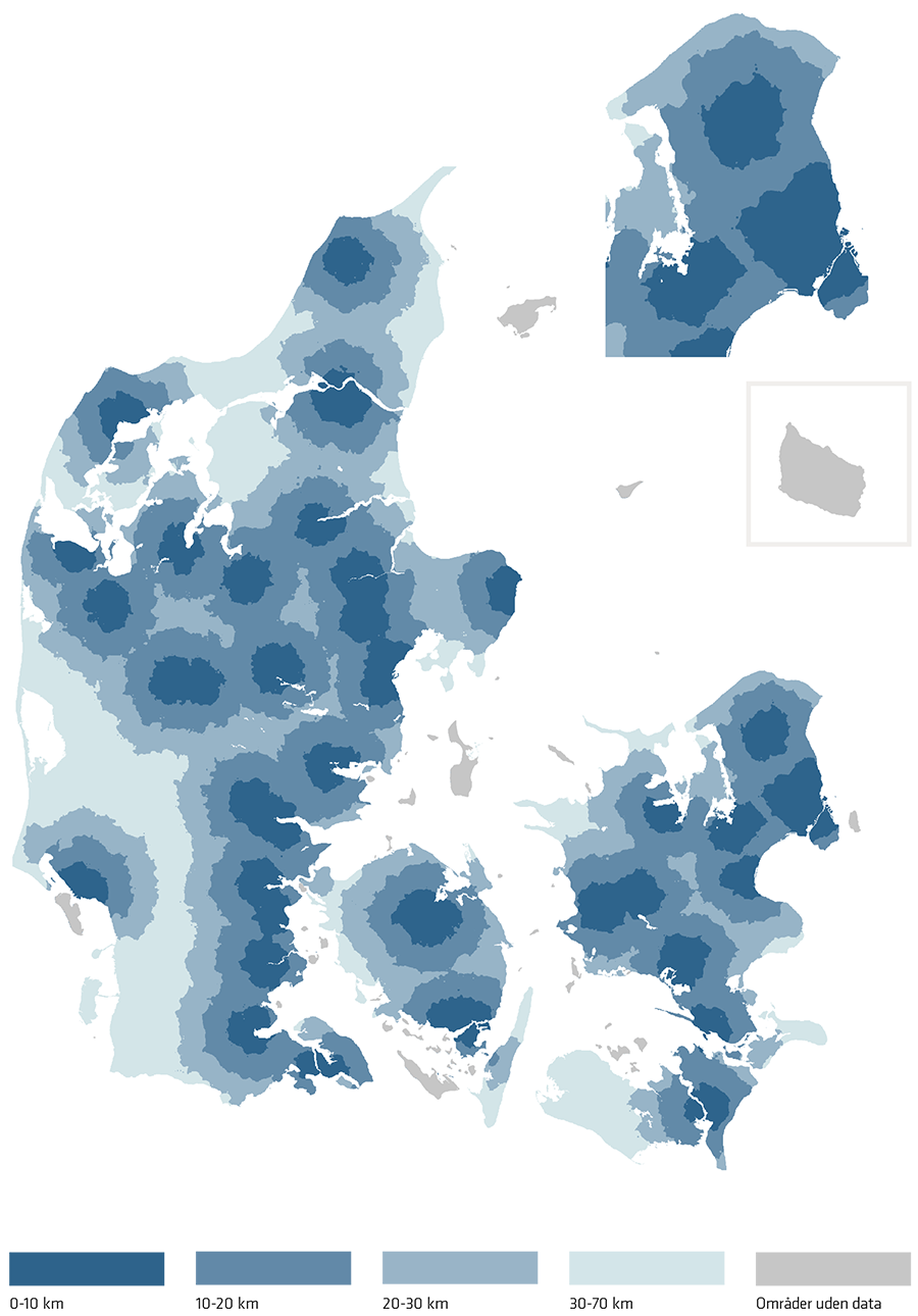 Danmarkskort med afstand til nærmeste erhvervsakademi eller professionshøjskole - 0 til 10 km, 10-20 km, 20-30 km og 30-70 km