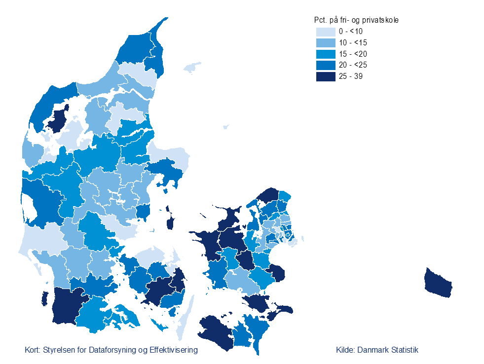 Andel elever i 0. kl. på fri- og privatskoler efter bopæl. 2018