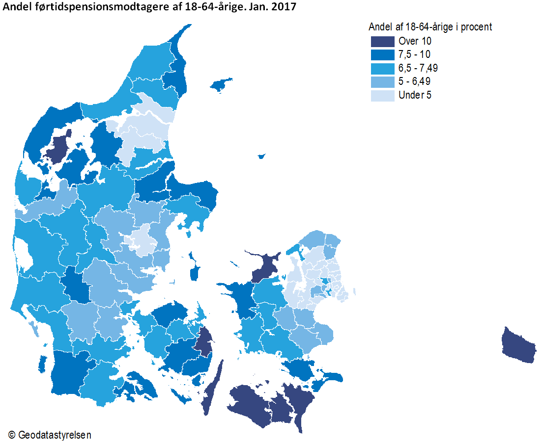 Andel førtidspensionsmodtagere af 18-64-årige. Jan. 2017